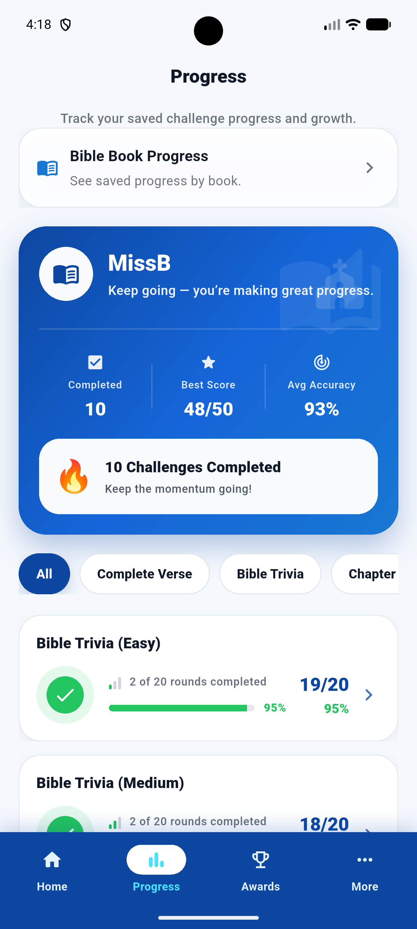 Verses progress screen